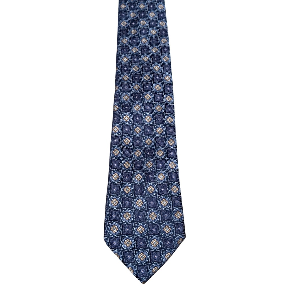 Joseph Abboud Tie Mens Navy Gold Geometric Medallion 100% Silk Classic Dapper